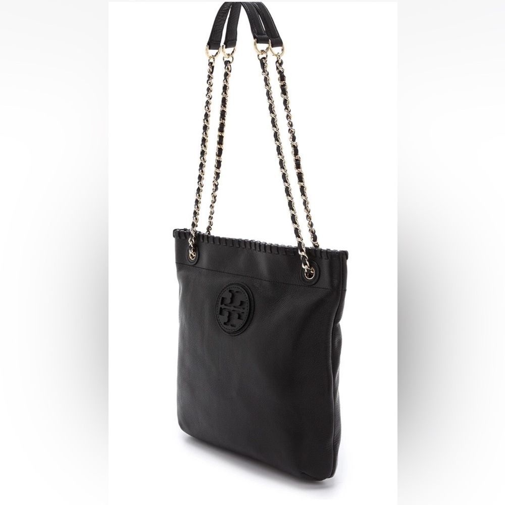 Tory Burch Marion Black Pebble Leather Chain Book Bag